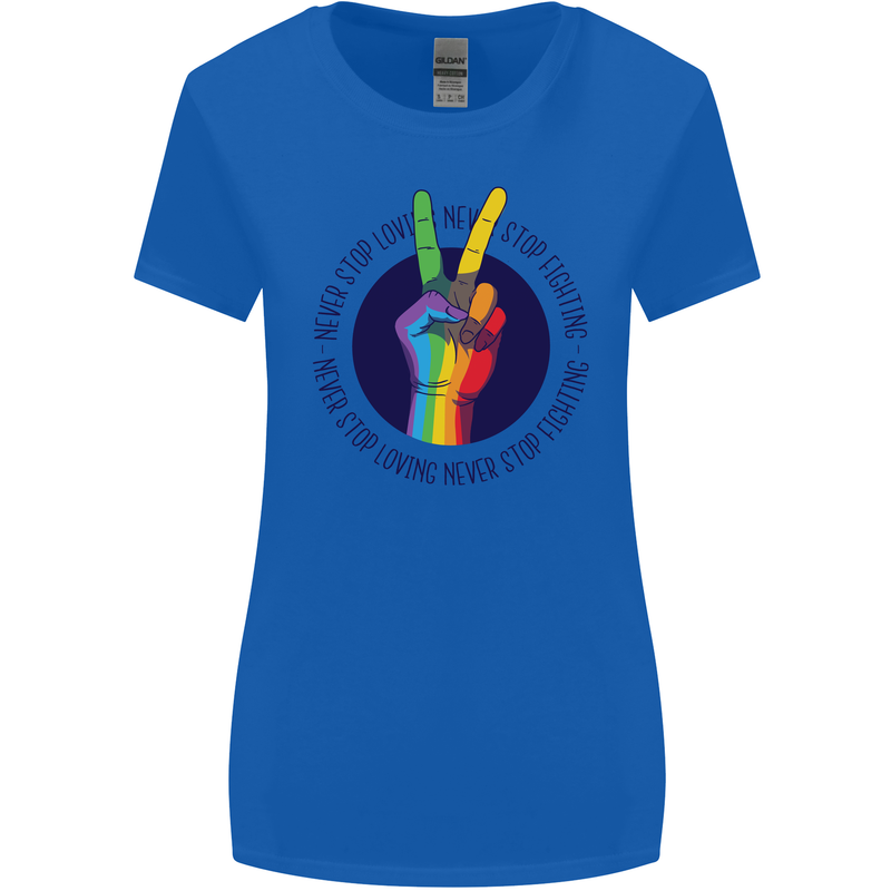LGBT Never Stop Loving Fighting Gay Pride Womens Wider Cut T-Shirt Royal Blue