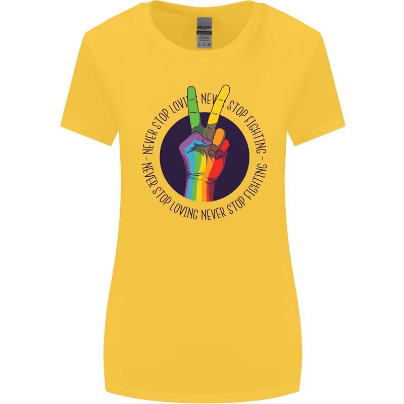 LGBT Never Stop Loving Fighting Gay Pride Womens Wider Cut T-Shirt Yellow