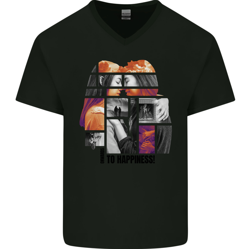 LGBT Onwards to Happiness Mens V-Neck Cotton T-Shirt Black