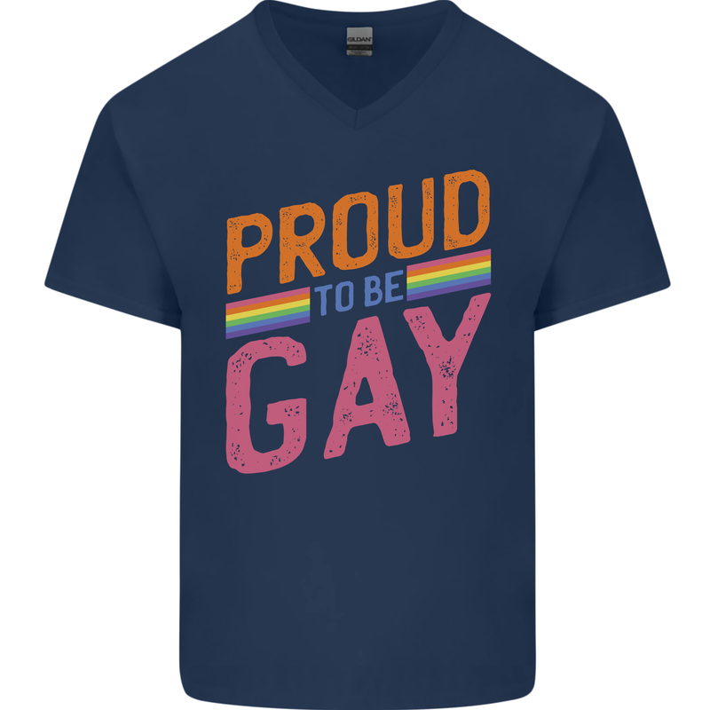 LGBT Pride Awareness Proud To Be Gay Mens V-Neck Cotton T-Shirt Navy Blue