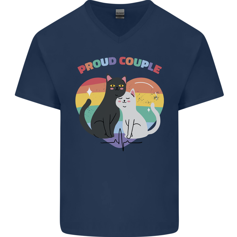 LGBT Proud Couple Funny Gay Cats Mens V-Neck Cotton T-Shirt Navy Blue