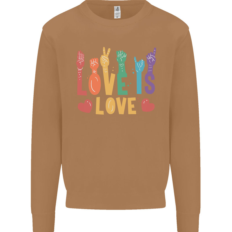 LGBT Sign Language Love Is Gay Pride Day Mens Sweatshirt Jumper Caramel Latte