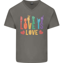 LGBT Sign Language Love Is Gay Pride Day Mens V-Neck Cotton T-Shirt Charcoal