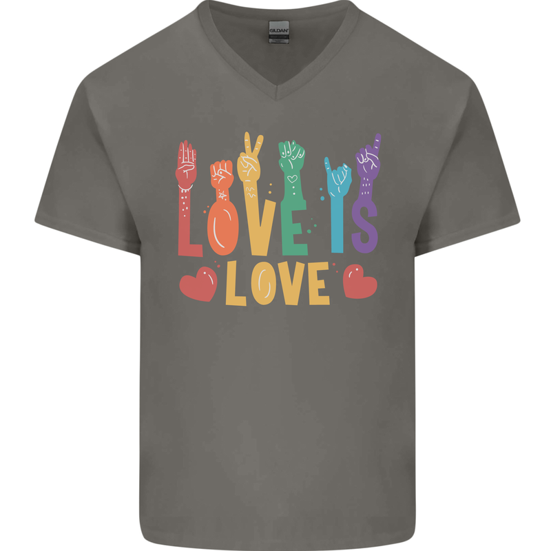 LGBT Sign Language Love Is Gay Pride Day Mens V-Neck Cotton T-Shirt Charcoal