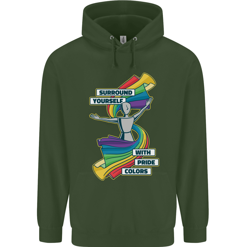 LGBT Surround Yourself Gay Pride Colours Mens 80% Cotton Hoodie Forest Green