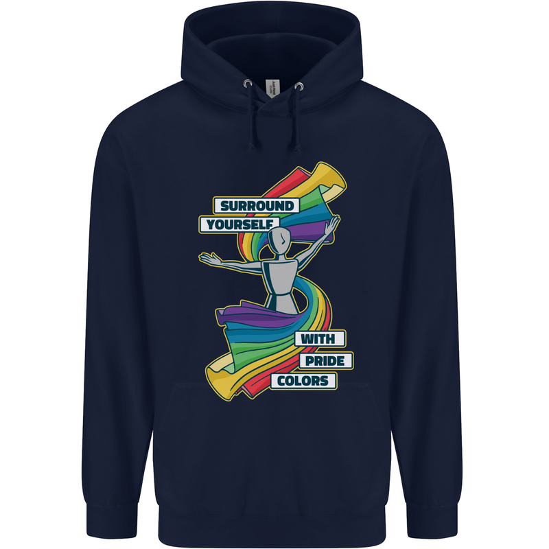 LGBT Surround Yourself Gay Pride Colours Mens 80% Cotton Hoodie Navy Blue