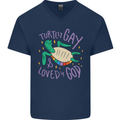 LGBT Turtle Loved By God Gay Pride Mens V-Neck Cotton T-Shirt Navy Blue