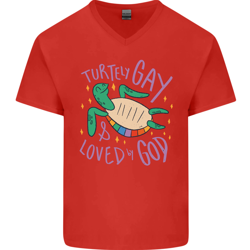 LGBT Turtle Loved By God Gay Pride Mens V-Neck Cotton T-Shirt Red