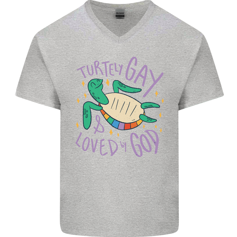 LGBT Turtle Loved By God Gay Pride Mens V-Neck Cotton T-Shirt Sports Grey