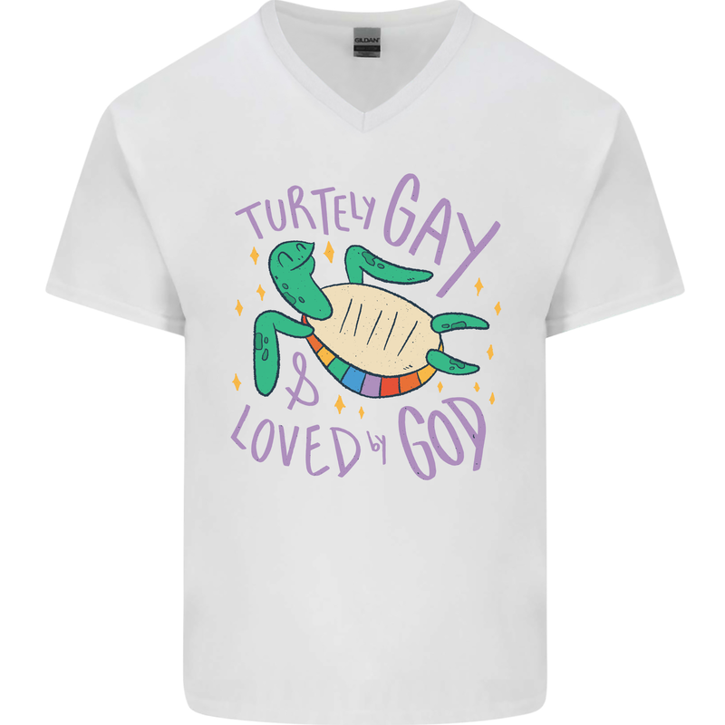 LGBT Turtle Loved By God Gay Pride Mens V-Neck Cotton T-Shirt White