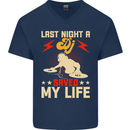 Last Night a DJ Saved My Life DJing Mens V-Neck Cotton T-Shirt Navy Blue