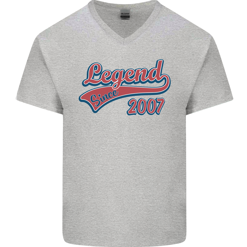 Legend Since 16th Birthday 2007 Mens V-Neck Cotton T-Shirt Sports Grey