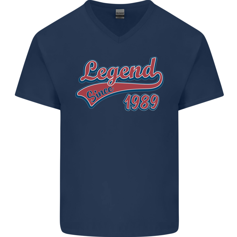 Legend Since 34th Birthday 1989 Mens V-Neck Cotton T-Shirt Navy Blue