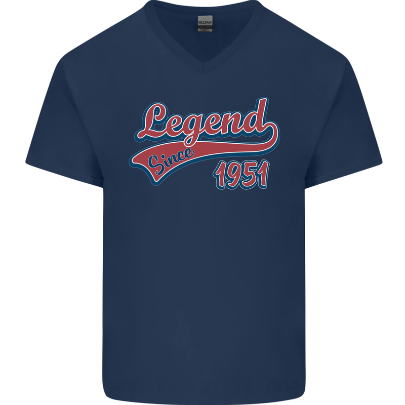 Legend Since 72nd Birthday 1951 Mens V-Neck Cotton T-Shirt Navy Blue