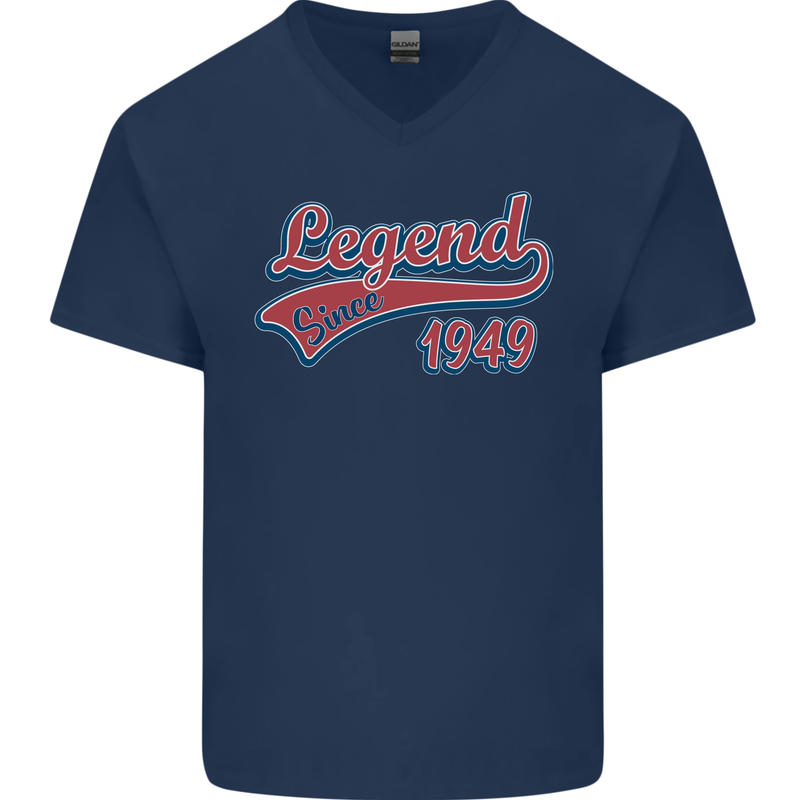 Legend Since 74th Birthday 1949 Mens V-Neck Cotton T-Shirt Navy Blue