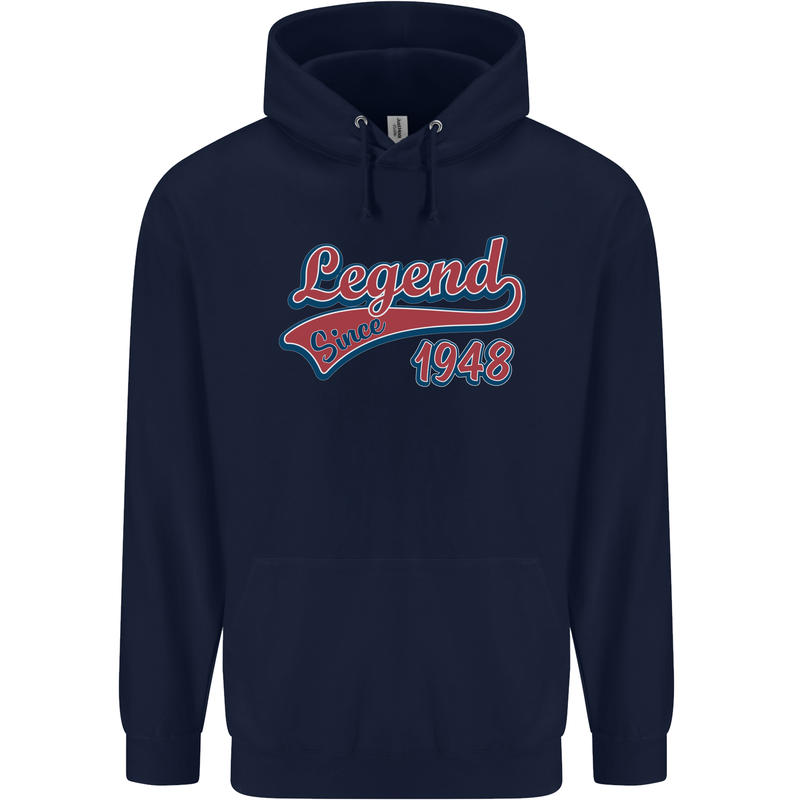 Legend Since 75th Birthday 1948 Mens 80% Cotton Hoodie Navy Blue