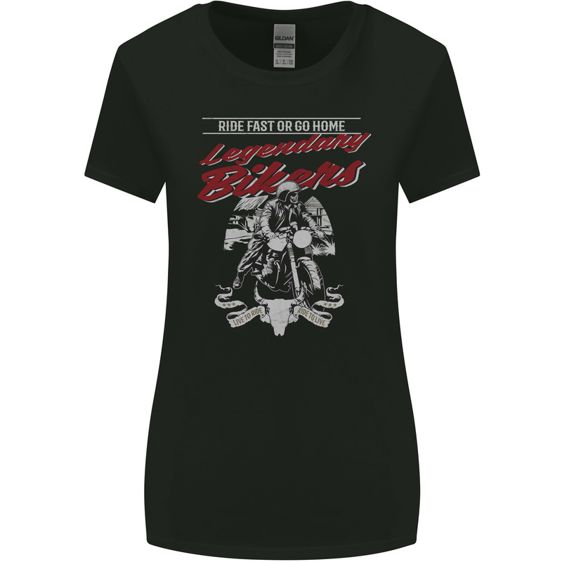 Legendary Bikers Skull Motorcycle Motorbike Womens Wider Cut T-Shirt Black