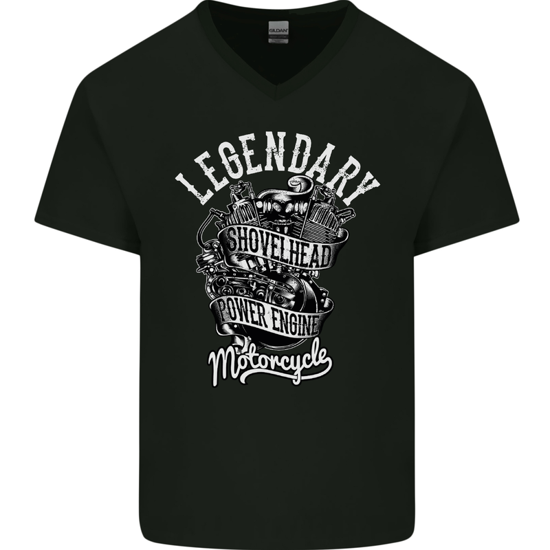 Legendary Shovelhead Motorcycle Biker Mens V-Neck Cotton T-Shirt Black