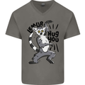 Lemur Hug You Mens V-Neck Cotton T-Shirt Charcoal