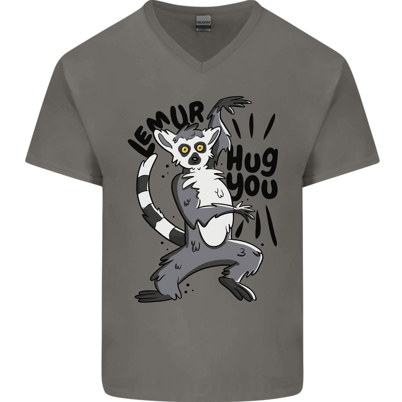 Lemur Hug You Mens V-Neck Cotton T-Shirt Charcoal