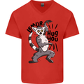 Lemur Hug You Mens V-Neck Cotton T-Shirt Red