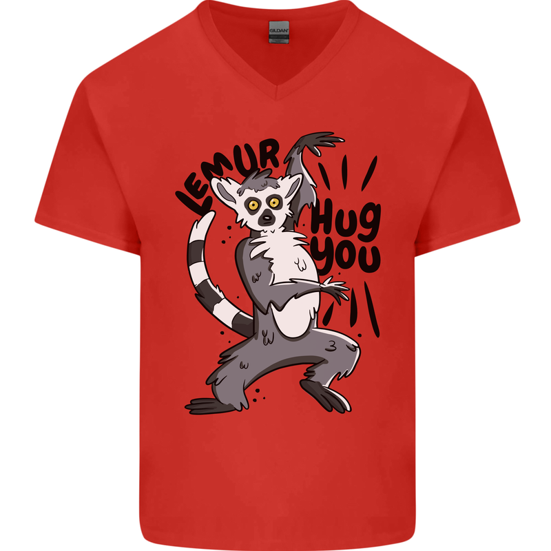 Lemur Hug You Mens V-Neck Cotton T-Shirt Red