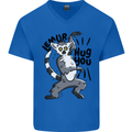 Lemur Hug You Mens V-Neck Cotton T-Shirt Royal Blue