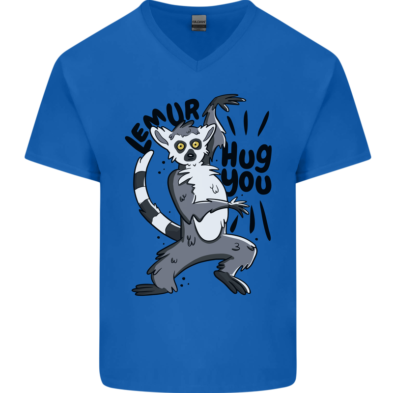 Lemur Hug You Mens V-Neck Cotton T-Shirt Royal Blue
