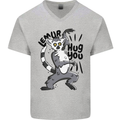 Lemur Hug You Mens V-Neck Cotton T-Shirt Sports Grey