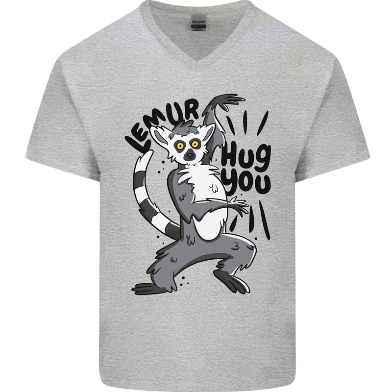 Lemur Hug You Mens V-Neck Cotton T-Shirt Sports Grey