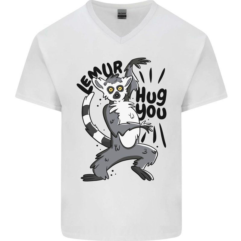 Lemur Hug You Mens V-Neck Cotton T-Shirt White