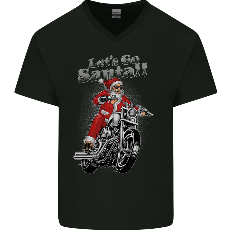Let's Go Santa  Motorbike Motorcycle Biker Mens V-Neck Cotton T-Shirt Black