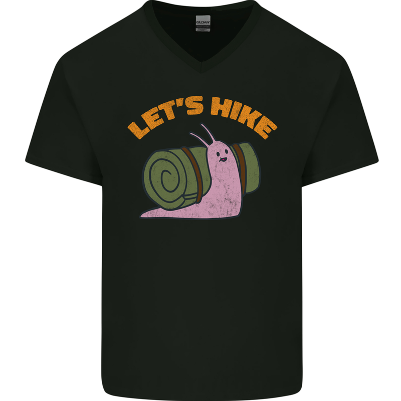 Let's Hike Funny Slug Trekking Walking Mens V-Neck Cotton T-Shirt Black