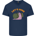 Let's Hike Funny Slug Trekking Walking Mens V-Neck Cotton T-Shirt Navy Blue