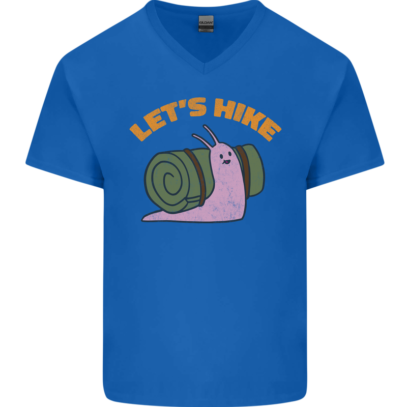 Let's Hike Funny Slug Trekking Walking Mens V-Neck Cotton T-Shirt Royal Blue