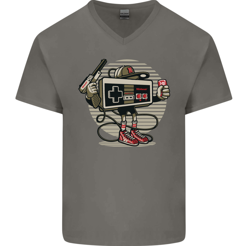 Let's Play Funny Gamer Gaming Mens V-Neck Cotton T-Shirt Charcoal