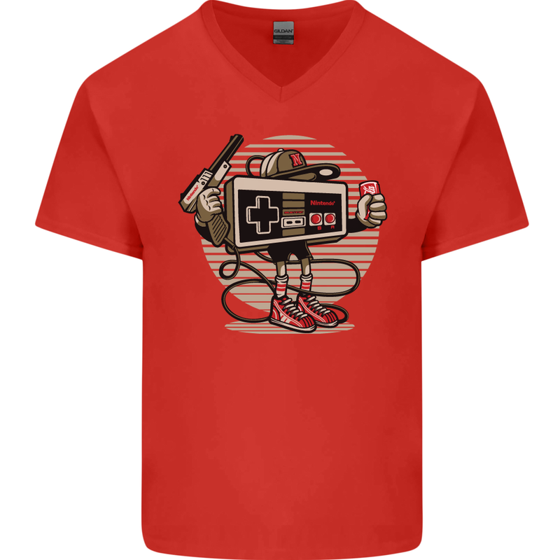 Let's Play Funny Gamer Gaming Mens V-Neck Cotton T-Shirt Red