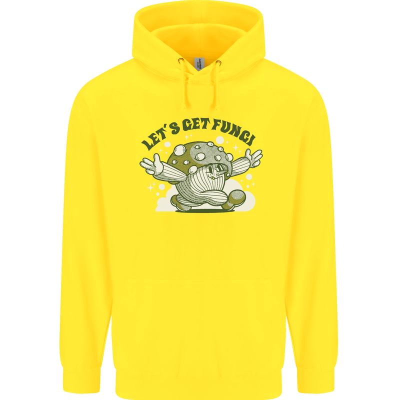 Lets Get Fungi Funky Magic Mushrooms Childrens Kids Hoodie Yellow