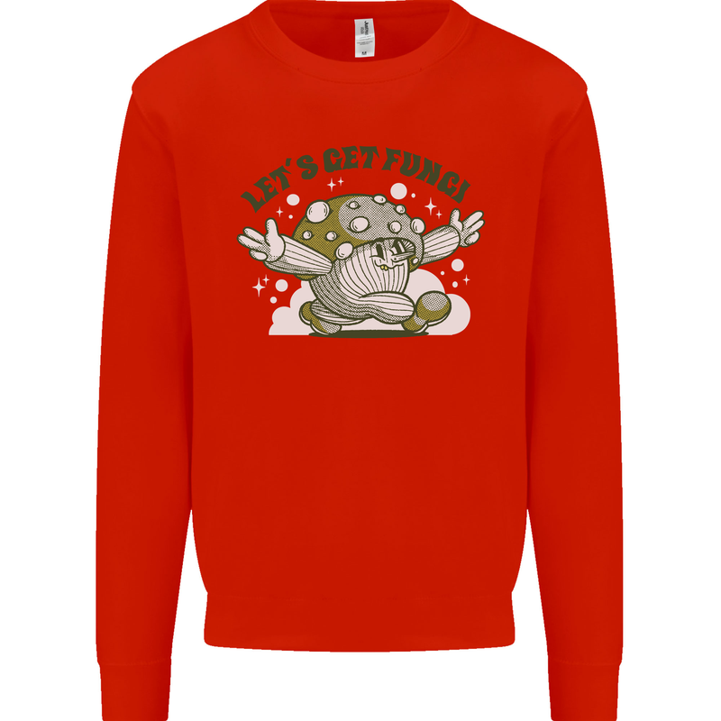 Lets Get Fungi Funky Magic Mushrooms Kids Sweatshirt Jumper Bright Red