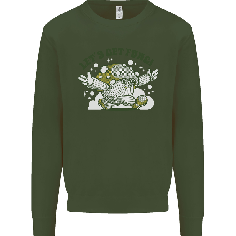 Lets Get Fungi Funky Magic Mushrooms Kids Sweatshirt Jumper Forest Green