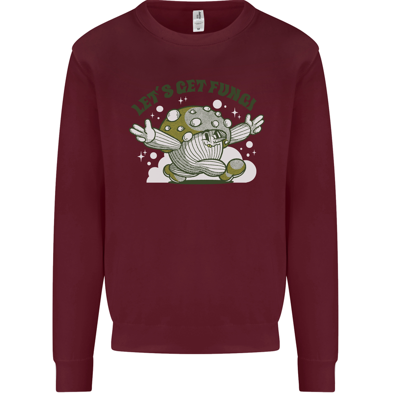 Lets Get Fungi Funky Magic Mushrooms Kids Sweatshirt Jumper Maroon