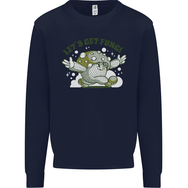 Lets Get Fungi Funky Magic Mushrooms Kids Sweatshirt Jumper Navy Blue