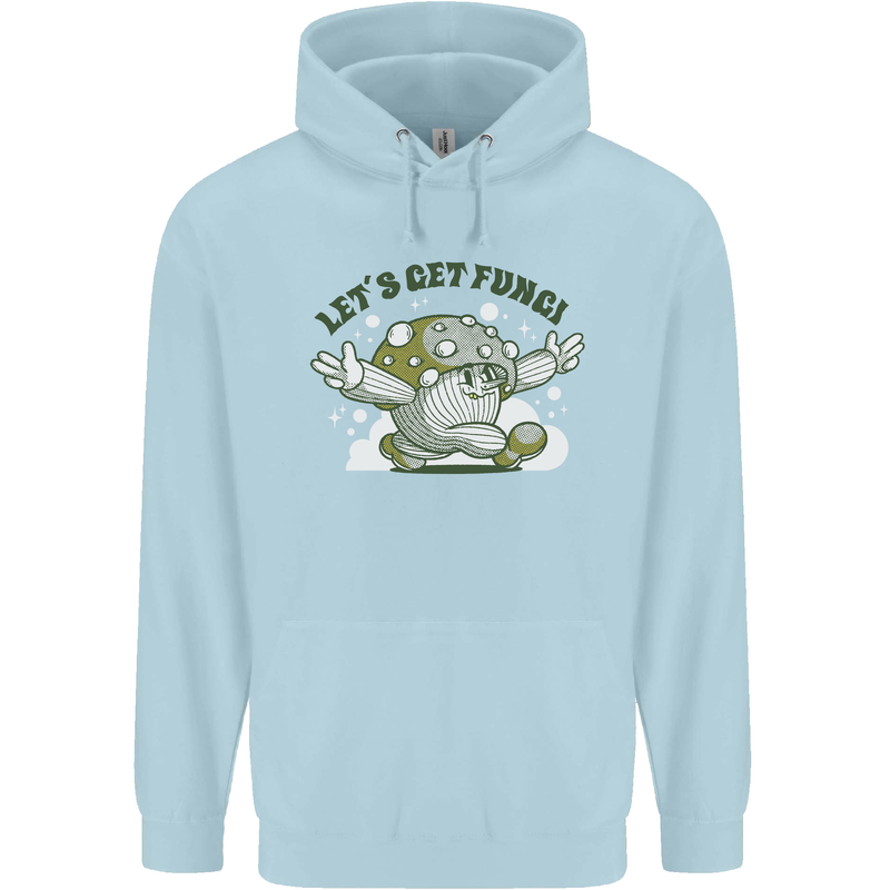 Lets Get Fungi Funky Magic Mushrooms Mens 80% Cotton Hoodie Light Blue