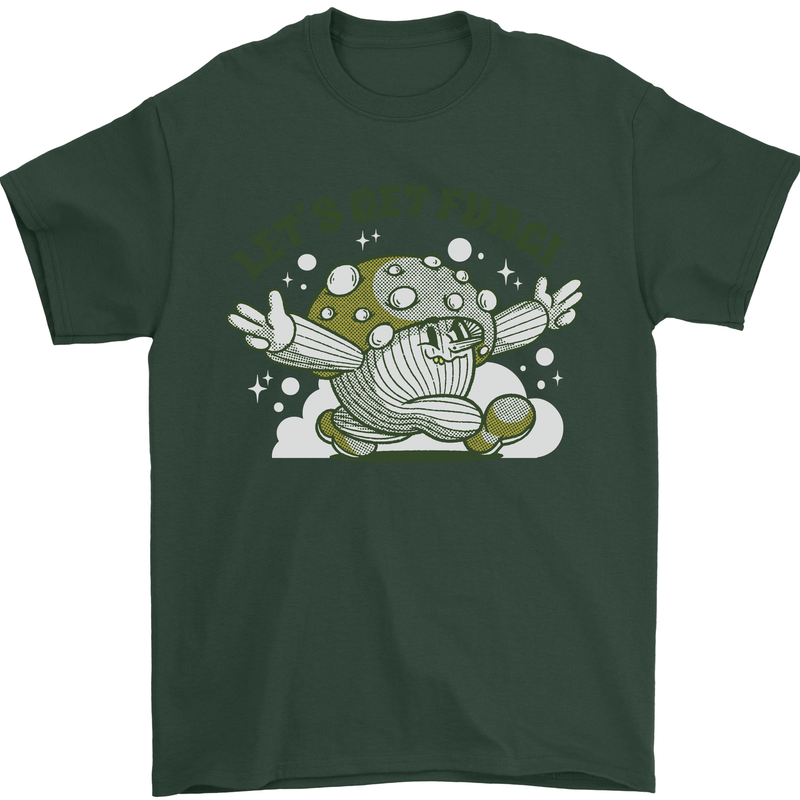 Lets Get Fungi Funky Magic Mushrooms Mens T-Shirt 100% Cotton Forest Green