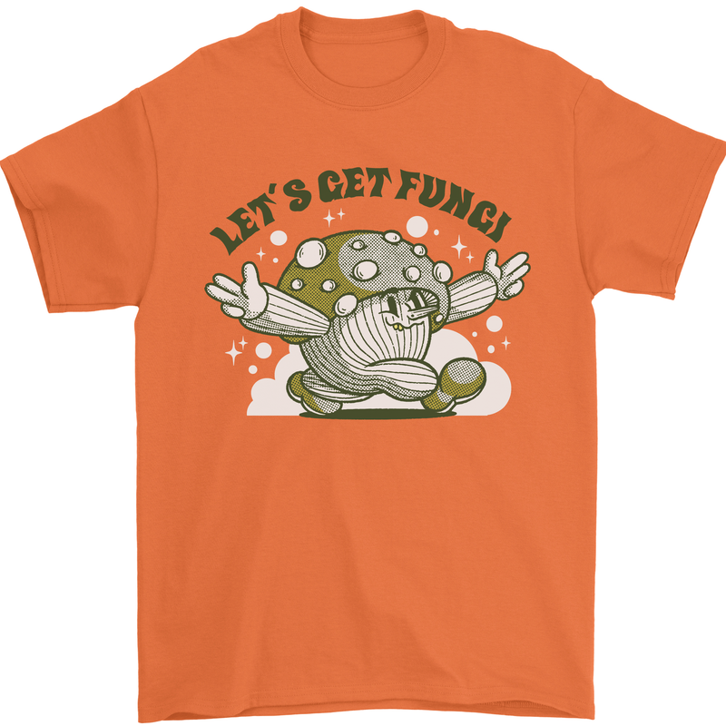 Lets Get Fungi Funky Magic Mushrooms Mens T-Shirt 100% Cotton Orange