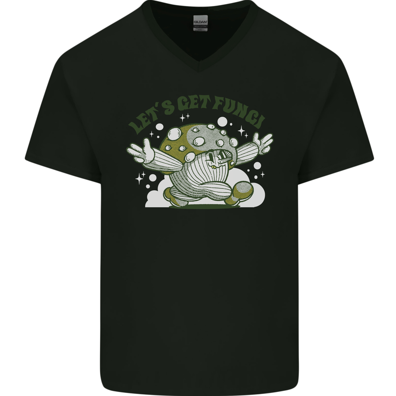 Lets Get Fungi Funky Magic Mushrooms Mens V-Neck Cotton T-Shirt Black