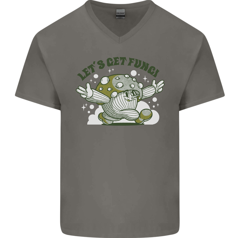 Lets Get Fungi Funky Magic Mushrooms Mens V-Neck Cotton T-Shirt Charcoal