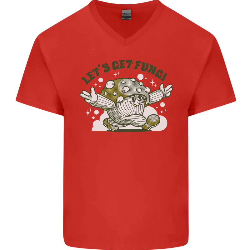 Lets Get Fungi Funky Magic Mushrooms Mens V-Neck Cotton T-Shirt Red