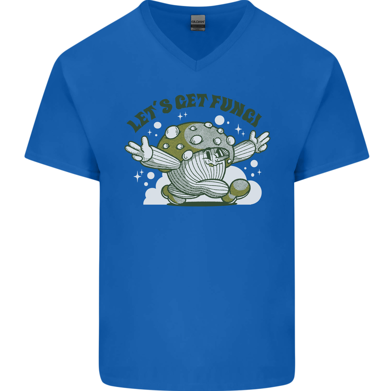 Lets Get Fungi Funky Magic Mushrooms Mens V-Neck Cotton T-Shirt Royal Blue