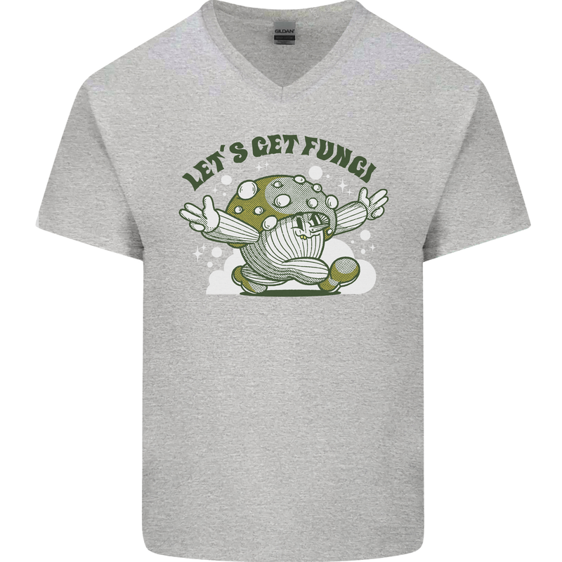 Lets Get Fungi Funky Magic Mushrooms Mens V-Neck Cotton T-Shirt Sports Grey